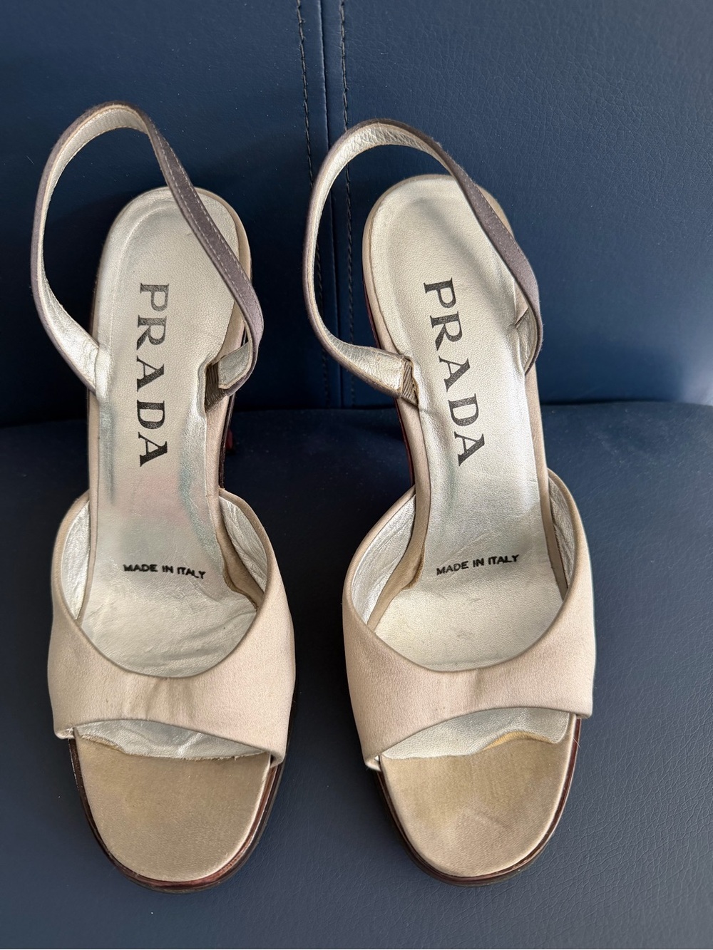 Prada Metallic Beige Open-Toe Slingback Heels